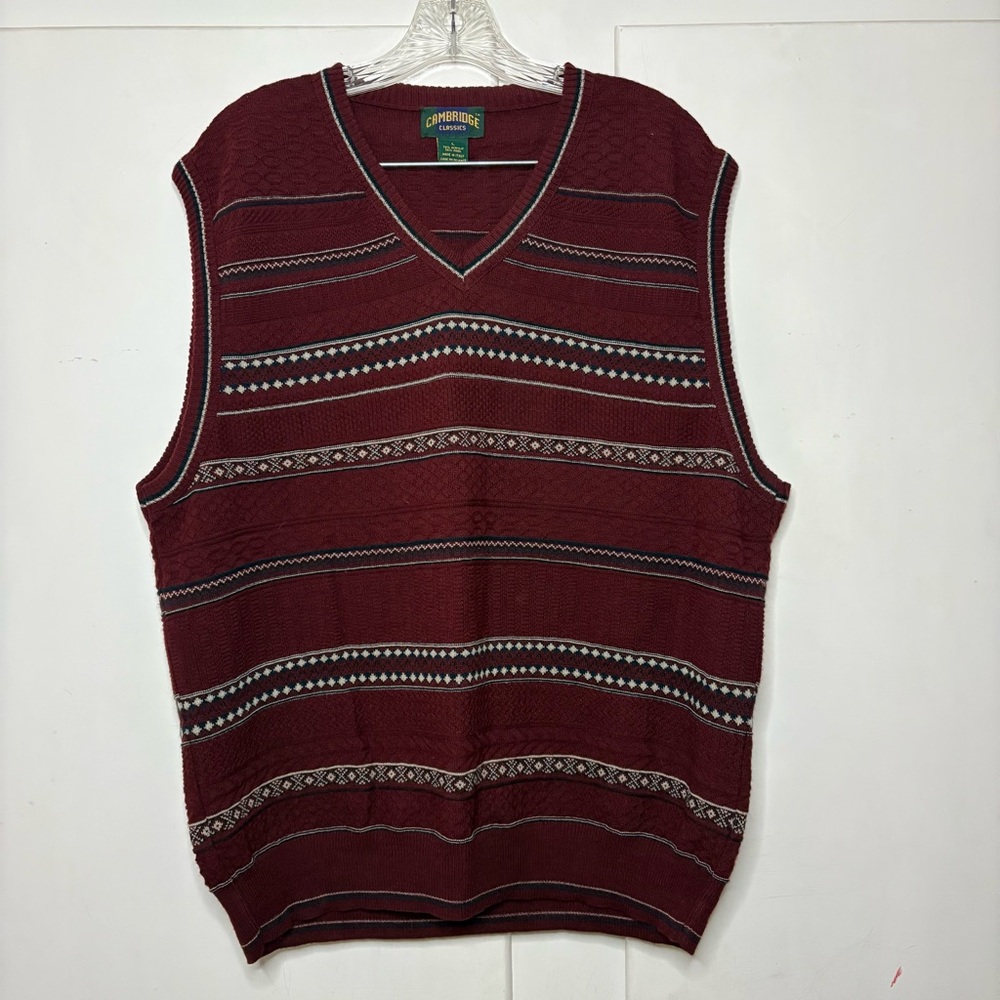Vintage 90s Cambridge Classics Acrylic Wool Blend Burgundy Striped Sweater Vest